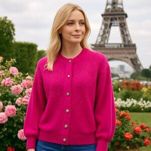 Vintage Sia Bellini‎ Pink Floral Beaded Rabbit Hair Wool Blend Cardigan Luxury M